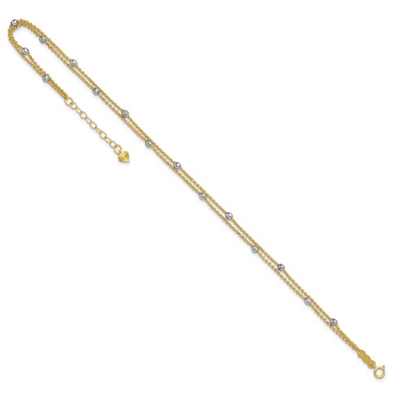 14K Two-tone 2-Strand Chain with Mirror Beads 9 inch Plus 1 inch Extender - Total 10 inch Anklet