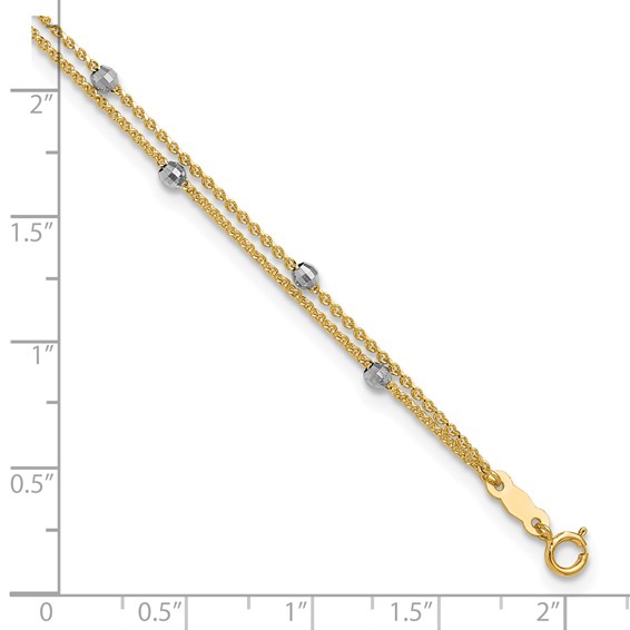 14K Two-tone 2-Strand Chain with Mirror Beads 9 inch Plus 1 inch Extender - Total 10 inch Anklet