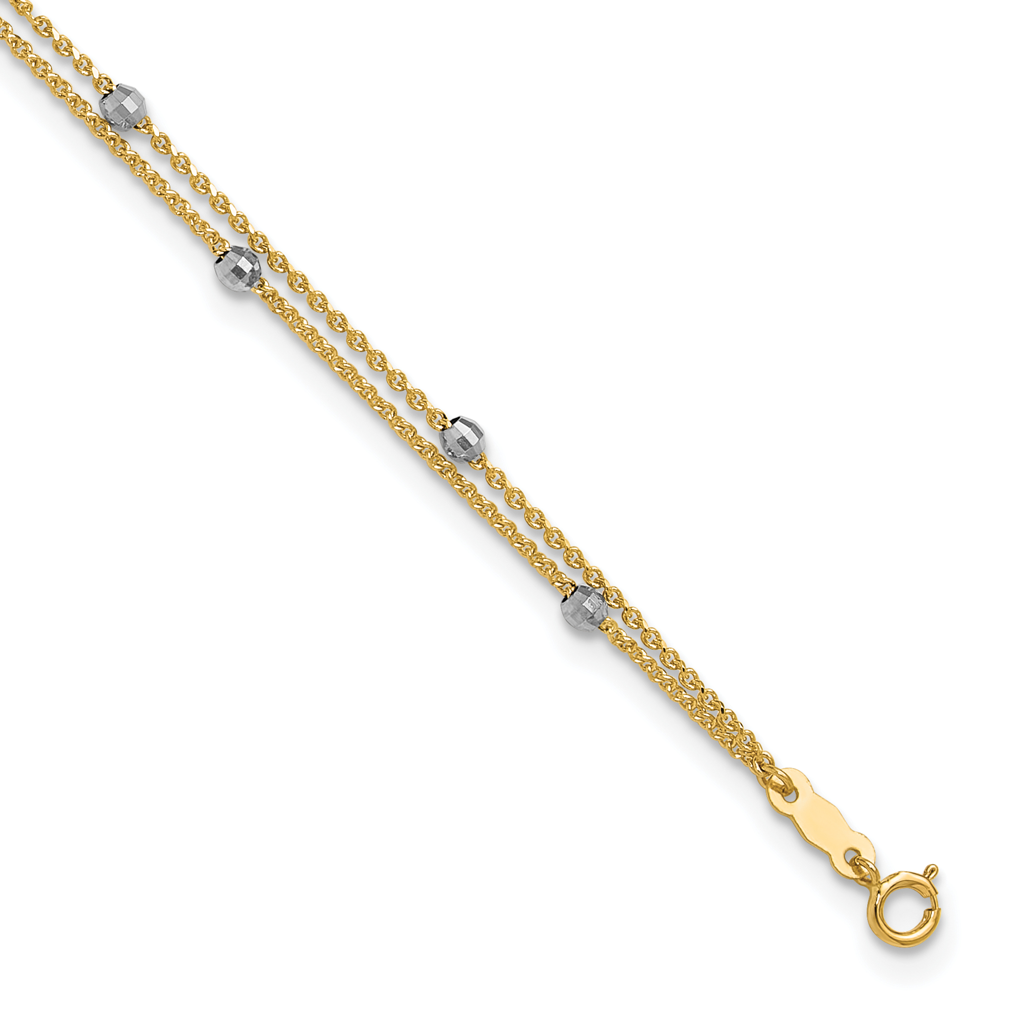 14K Two-tone 2-Strand Spiga Chain with Mirror Beads 9 inch Anklet Plus 1 inch Heart Dangle Extender (ANK241-9)