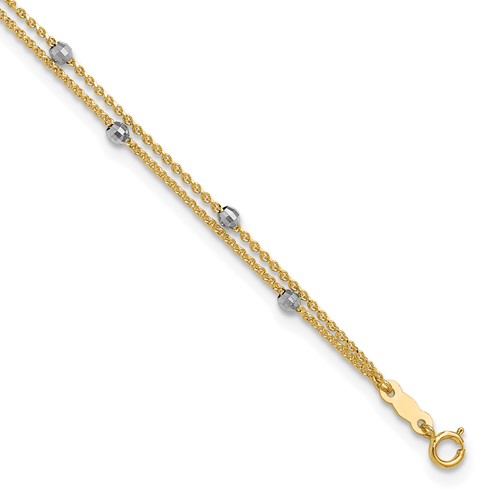 14K Two-tone 2-Strand Chain Anklet with Mirror Beads Plus 1 Inch Extender - Total 10 Inch, 9"