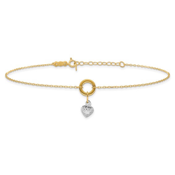 14K Two-tone Circle with Diamond-cut Puffed Heart Dangle 9 inch Plus 1 inch Extender - Total 10 inch Anklet