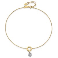 14K Two-tone Circle Anklet with Diamond-cut Puffed Heart Dangle Plus 1 Inch Extender - Total 10 Inch - 9in view 4