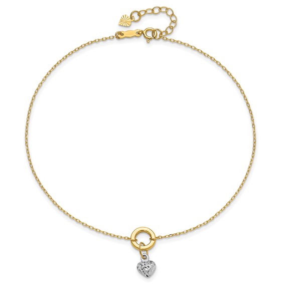 14K Two-tone Circle with Diamond-cut Puffed Heart Dangle 9 inch Plus 1 inch Extender - Total 10 inch Anklet