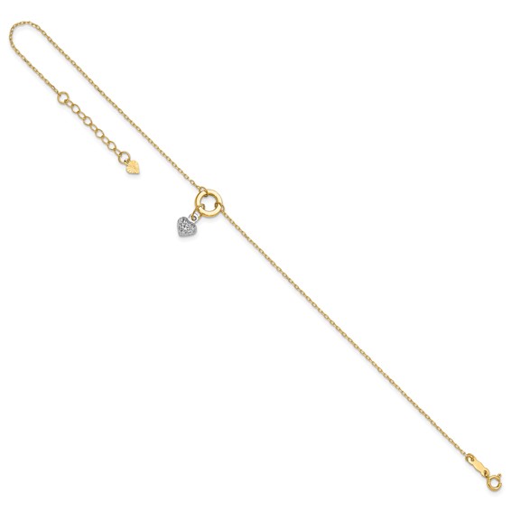 14K Two-tone Circle with Diamond-cut Puffed Heart Dangle 9 inch Plus 1 inch Extender - Total 10 inch Anklet