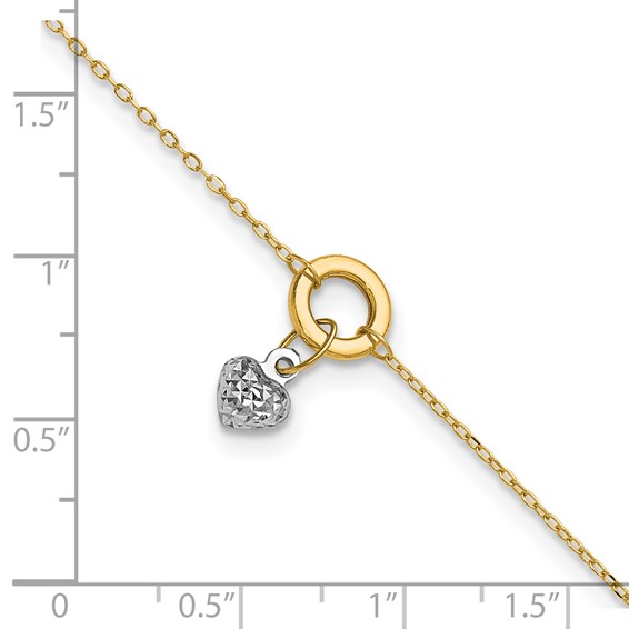 14K Two-tone Circle with Diamond-cut Puffed Heart Dangle 9 inch Plus 1 inch Extender - Total 10 inch Anklet