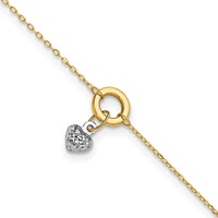 14K Two-tone Circle Anklet with Diamond-cut Puffed Heart Dangle Plus 1 Inch Extender - Total 10 Inch - 9in view 1