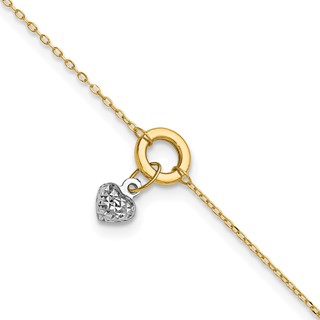 14K Two-tone Circle with Diamond-cut Puffed Heart Dangle 9 inch Plus 1 inch Extender - Total 10 inch Anklet