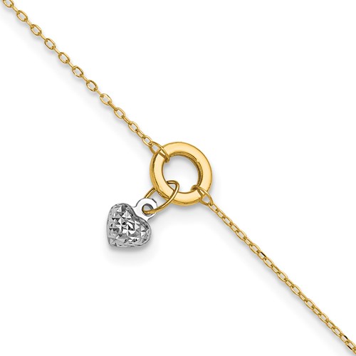 14K Two-tone Circle with Diamond Cut Puff Heart 9in Plus 1in ext Anklet