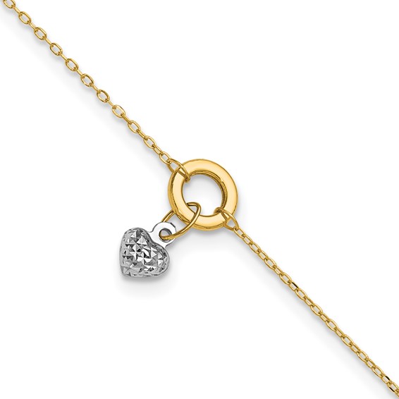 14K Two-tone Circle with Diamond-cut Puffed Heart Dangle 9 inch Plus 1 inch Extender - Total 10 inch Anklet