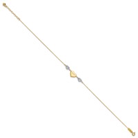 14K Two-tone Diamond-cut and Love Puffed Heart Plus 1 Inch Extender - Total 10 Inch Anklet, 9" view 2