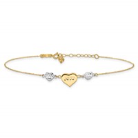 14K Two-tone Diamond-cut and Love Puffed Heart Plus 1 Inch Extender - Total 10 Inch Anklet, 9" view 3
