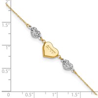14K Two-tone Diamond-cut and Love Puffed Heart Plus 1 Inch Extender - Total 10 Inch Anklet, 9" view 4