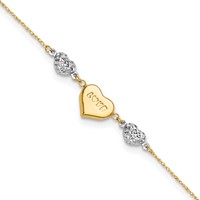 14K Two-tone Diamond-cut and Love Puffed Heart Plus 1 Inch Extender - Total 10 Inch Anklet, 9" view 1