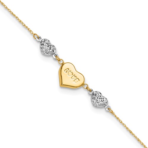 14K Two-tone Diamond-cut and Love Puffed Heart Plus 1 Inch Extender - Total 10 Inch Anklet, 9"