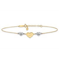 14K Two-tone Diamond-cut and Mom Puffed Heart Plus 1 Inch Extender - Total 10 Inch Anklet, 9" view 3