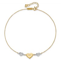 14K Two-tone Diamond-cut and Mom Puffed Heart Plus 1 Inch Extender - Total 10 Inch Anklet, 9" view 5