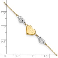 14K Two-tone Diamond-cut and Mom Puffed Heart Plus 1 Inch Extender - Total 10 Inch Anklet, 9" view 4