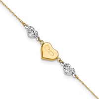 14K Two-tone Diamond-cut and Mom Puffed Heart Plus 1 Inch Extender - Total 10 Inch Anklet, 9" view 1