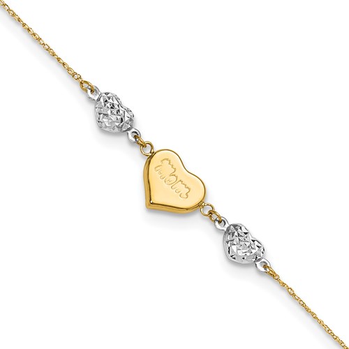 14K Two-tone Diamond-cut Puffed Hearts MOM 10in Plus 1in ext Anklet