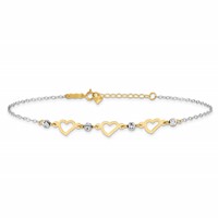 14K Two-tone Three Hearts and Diamond-cut Beads Plus 1 Inch Extender - Total 10 Inch Anklet, 9" view 3
