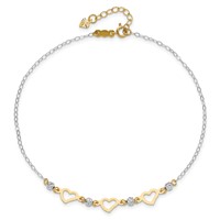 14K Two-tone Three Hearts and Diamond-cut Beads Plus 1 Inch Extender - Total 10 Inch Anklet, 9" view 5