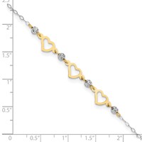 14K Two-tone Three Hearts and Diamond-cut Beads Plus 1 Inch Extender - Total 10 Inch Anklet, 9" view 4