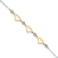 14K Two-tone Three Hearts and Diamond-cut Beads Plus 1 Inch Extender - Total 10 Inch Anklet, 9" view 1
