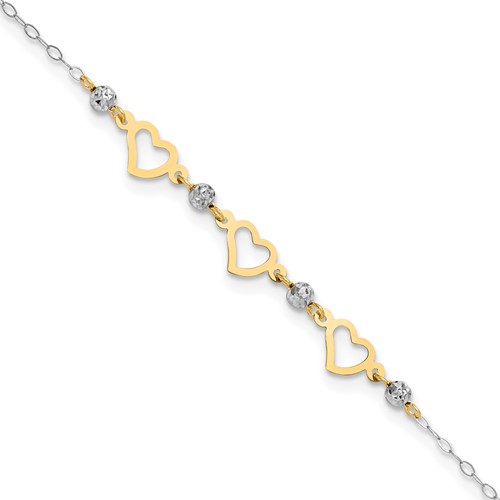 14K Two-tone Three Hearts and Diamond-cut Beads Plus 1 Inch Extender - Total 10 Inch Anklet, 9"