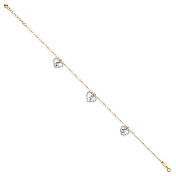 14K Two-tone Twisted Diamond-cut 3 Heart Dangles 9 inch Plus 1 inch Extender - Total 10 inch Anklet