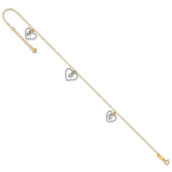 14K Two-tone Twisted Diamond-cut 3 Heart Dangles 9 inch Plus 1 inch Extender - Total 10 inch Anklet