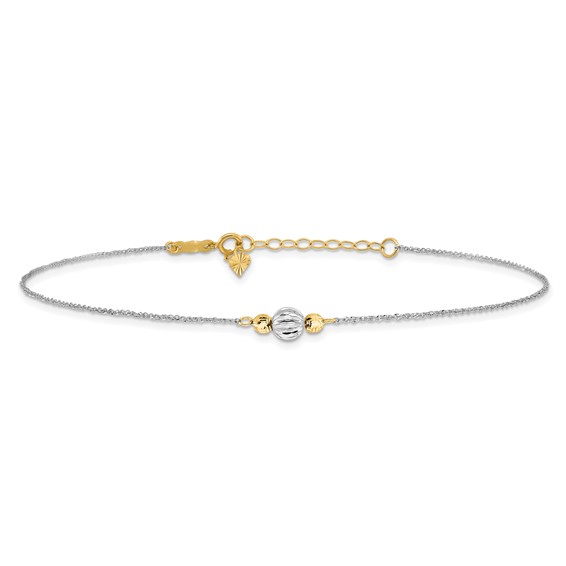 14K Two-tone Chain and Diamond-cut Beads 9 inch Plus 1 inch Extender - Total 10 inch Anklet