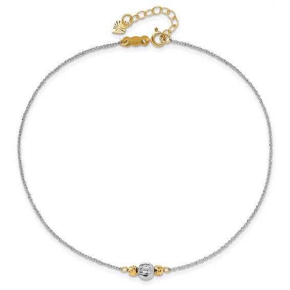14K Two-tone Chain and Diamond-cut Beads 9 inch Plus 1 inch Extender - Total 10 inch Anklet