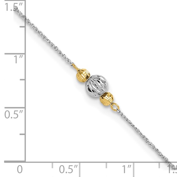 14K Two-tone Chain and Diamond-cut Beads 9 inch Plus 1 inch Extender - Total 10 inch Anklet