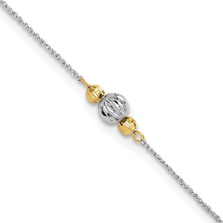 14K Two-tone Chain and Diamond-cut Beads 9 inch Plus 1 inch Extender - Total 10 inch Anklet