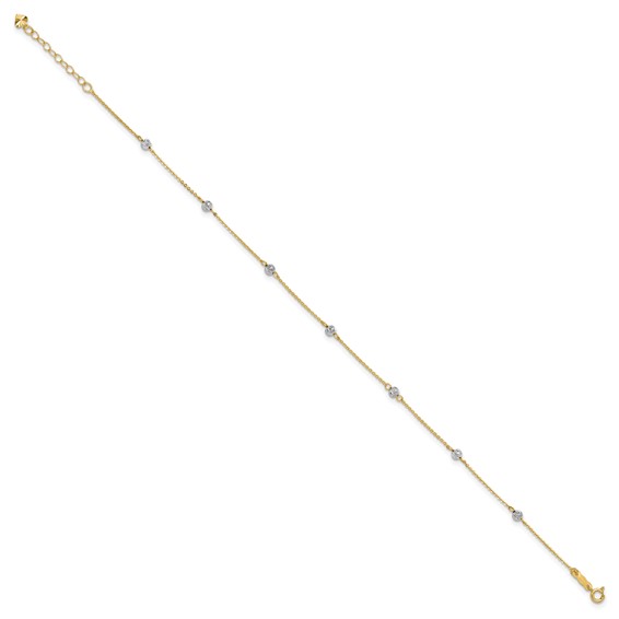 14K Two-tone Diamond-cut Beads 7-Station 9 inch Plus 1 inch Extender - Total 10 inch Anklet