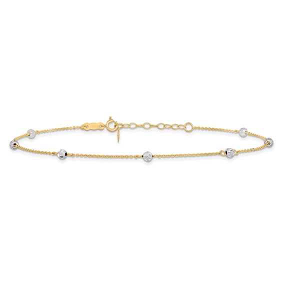 14K Two-tone Diamond-cut Beads 7-Station 9 inch Plus 1 inch Extender - Total 10 inch Anklet