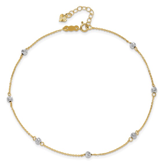 14K Two-tone Diamond-cut Beads 7-Station 9 inch Plus 1 inch Extender - Total 10 inch Anklet