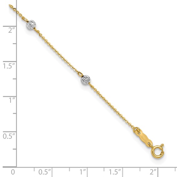 14K Two-tone Diamond-cut Beads 7-Station 9 inch Plus 1 inch Extender - Total 10 inch Anklet