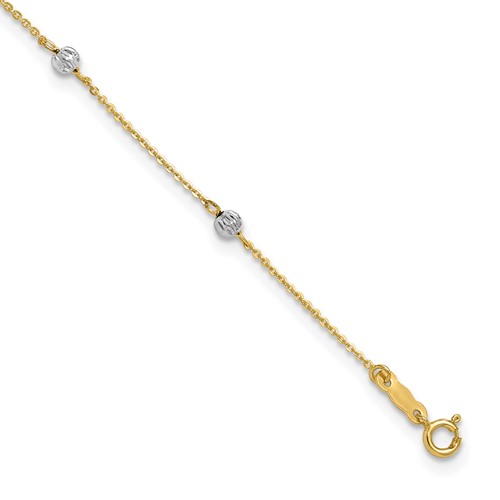 14K Two-tone Diamond-cut Beads 7-Station Plus 1 Inch Extender - Total 10 Inch Anklet, 9"