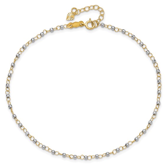 14K Two-tone Chain with Mirror Beads 9 inch Plus 1 inch Extender - Total 10 inch Anklet