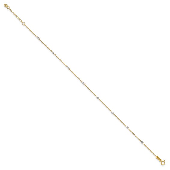 14k Two-tone Cable Chain Mirror Beads 8-Station 9 inch Plus 1 inch Extender - Total 10 inch Anklet