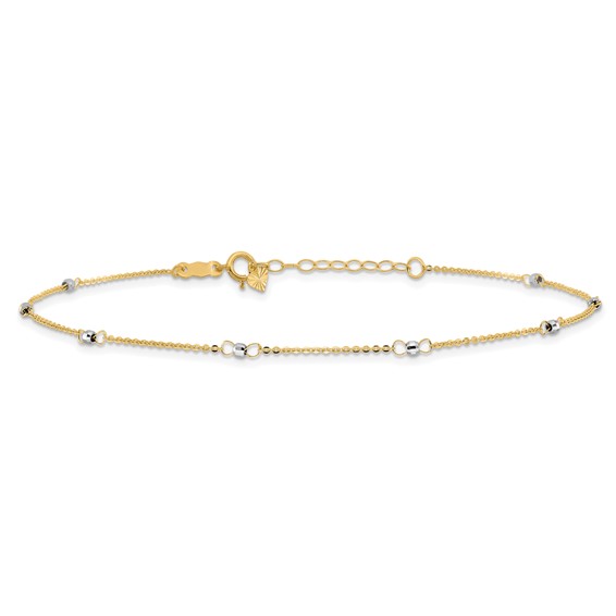 14k Two-tone Cable Chain Mirror Beads 8-Station 9 inch Plus 1 inch Extender - Total 10 inch Anklet