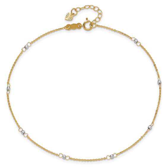 14k Two-tone Cable Chain Mirror Beads 8-Station 9 inch Plus 1 inch Extender - Total 10 inch Anklet