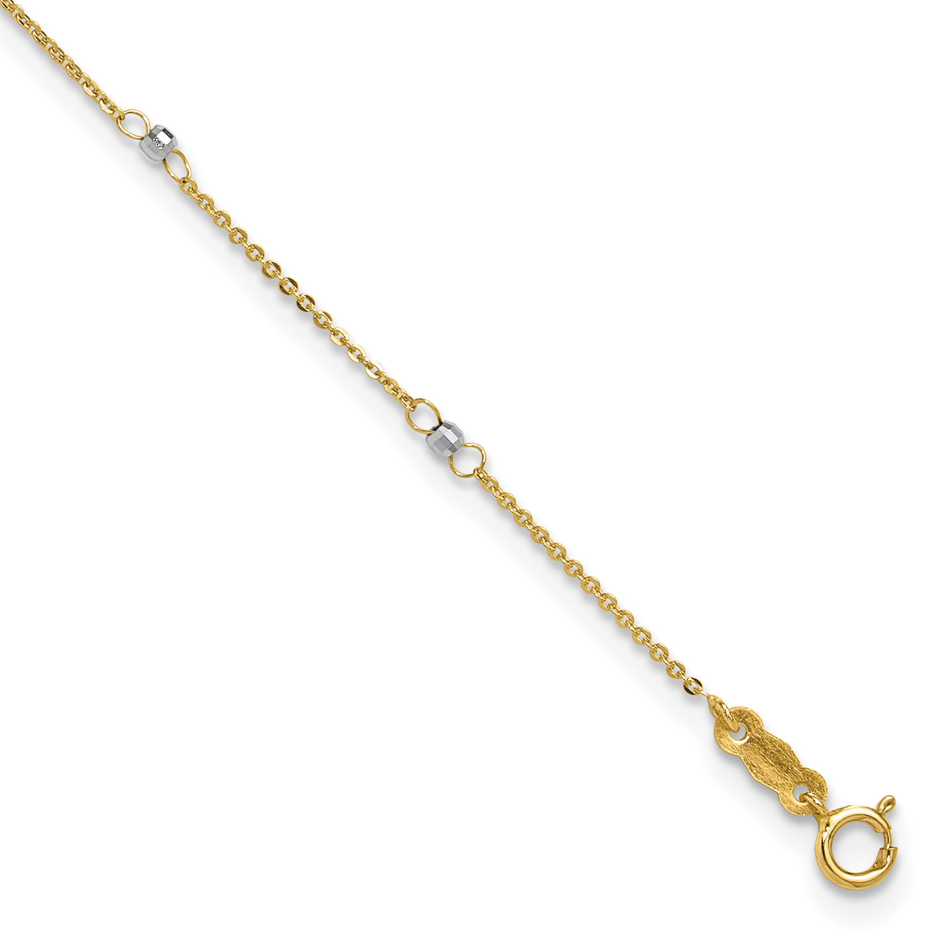 14k Two-tone Cable Chain with Mirror Beads 8-Station 9 inch Anklet Plus 1 inch Heart Dangle Extender (ANK264-9)