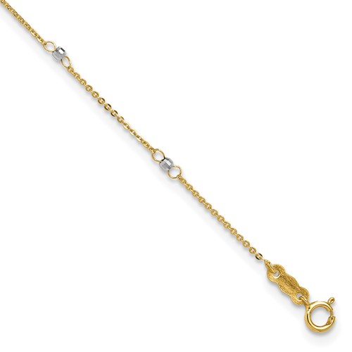 14K Two-tone Cable Chain Mirror Beads 8-Station Plus 1 Inch Extender - Total 10 Inch Anklet, 9"