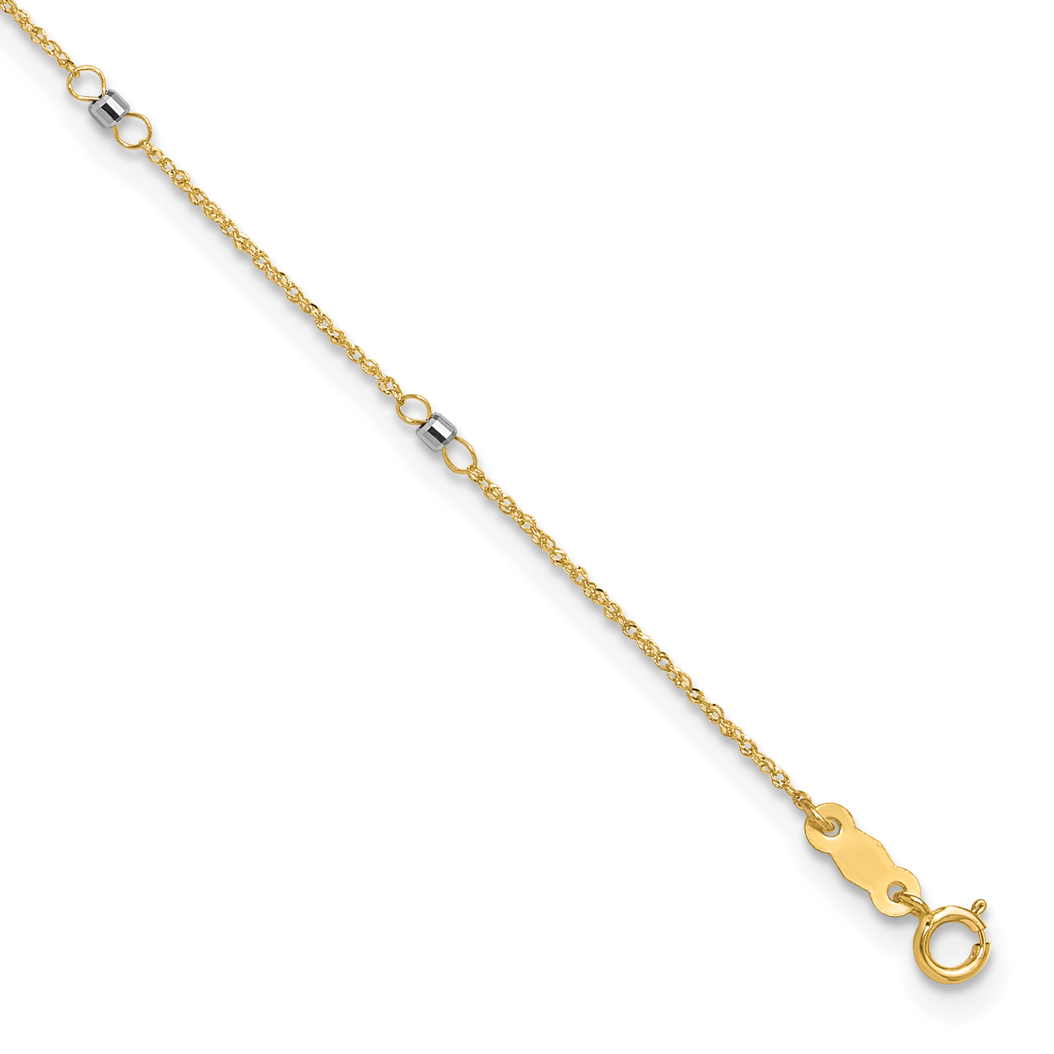14K Two-tone Ropa Chain with Mirror Beads 7-Station 9 inch Anklet Plus 1 inch Heart Dangle Extender (ANK265-9)