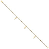 14K Yellow Gold Diamond-cut 3 Cross Dangles and Beads Plus 1 Inch Extender - Total 10 Inch Anklet - 9in view 2