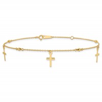 14K Yellow Gold Diamond-cut 3 Cross Dangles and Beads Plus 1 Inch Extender - Total 10 Inch Anklet - 9in view 3