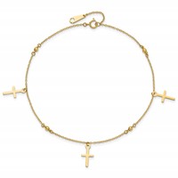 14K Yellow Gold Diamond-cut 3 Cross Dangles and Beads Plus 1 Inch Extender - Total 10 Inch Anklet - 9in view 4