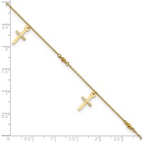 14K Yellow Gold Diamond-cut 3 Cross Dangles and Beads Plus 1 Inch Extender - Total 10 Inch Anklet - 9in view 5